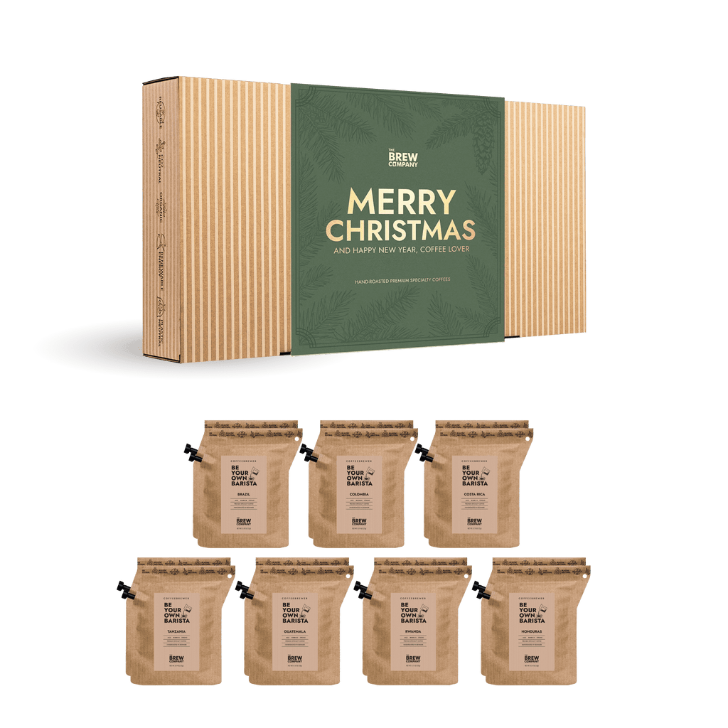 Gift set with coffee packages and a decorative box on a green background. Gifts for dad. Stocking Filler