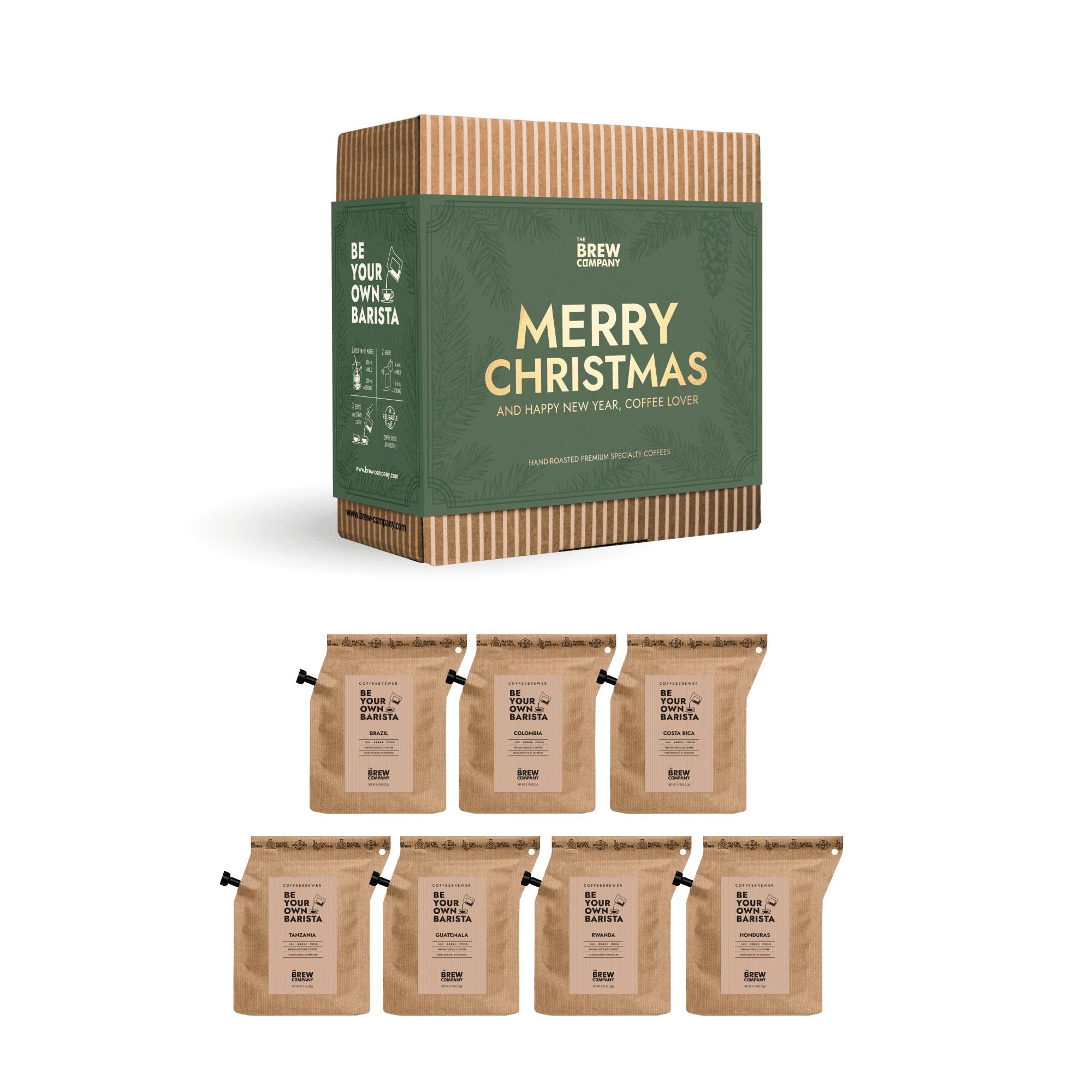 Coffee gift set with a box and multiple bags on a green background. Gifts for dad. Stocking Filler