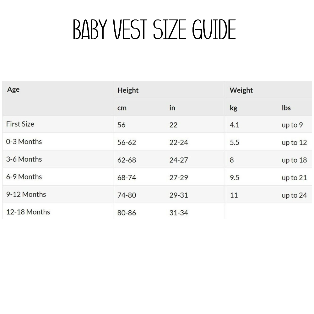 Baby vest size guide with age, height, and weight measurements.