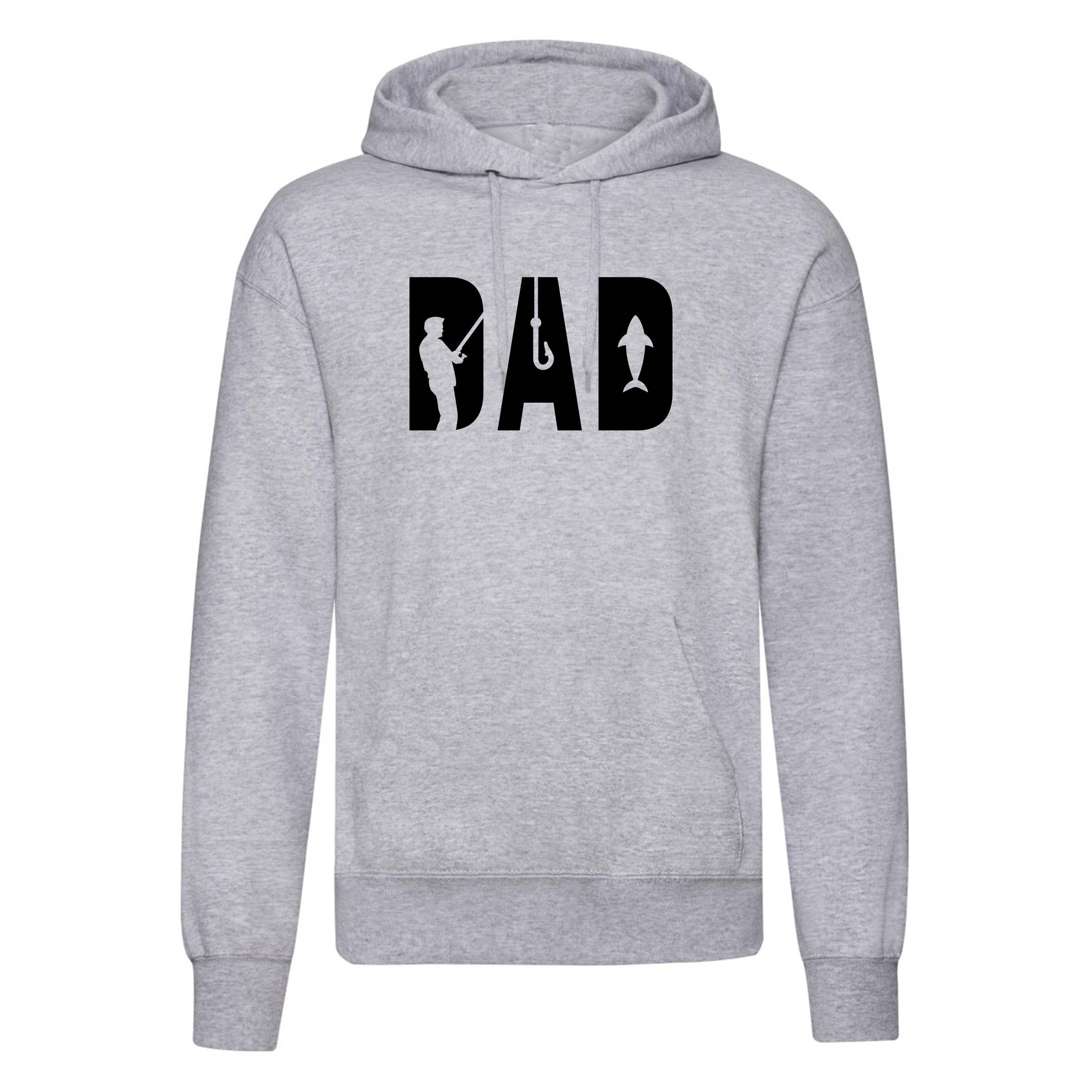 Gray hoodie with 'DAD' graphic design on a white background