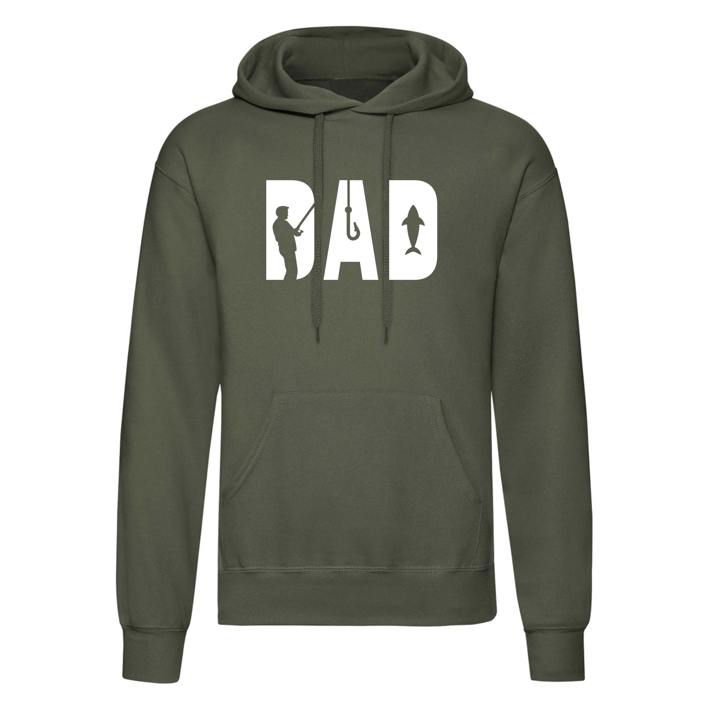 Green hoodie with 'DAD' and fishing icons on a white background