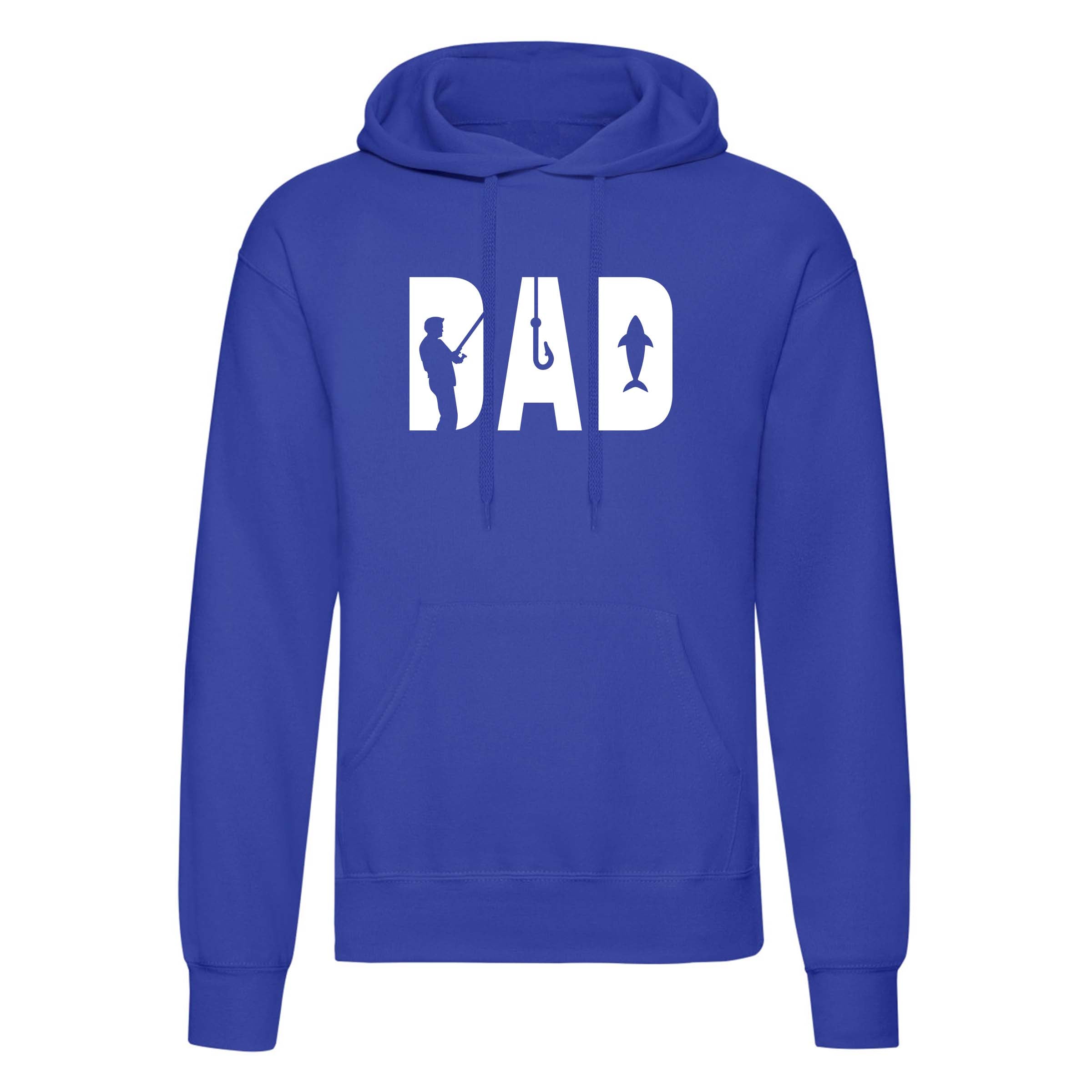 Blue hoodie with 'DAD' and fishing icons on a white background