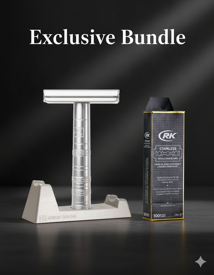 Premium razor and packaging on a dark background with 'Exclusive Bundle' text. gift for dad