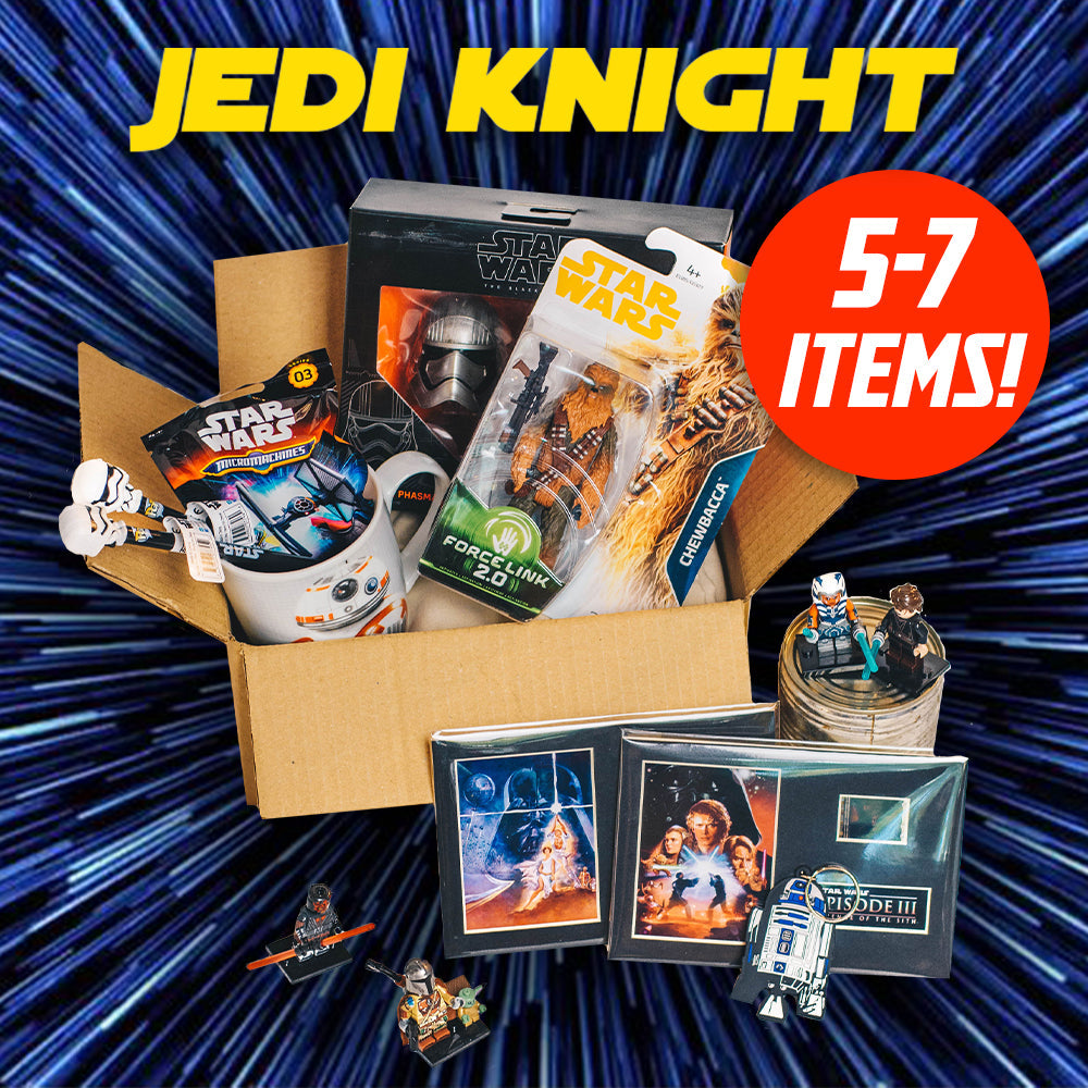 Star Wars themed box with various items on a blue and black striped background. Gift for Dad.