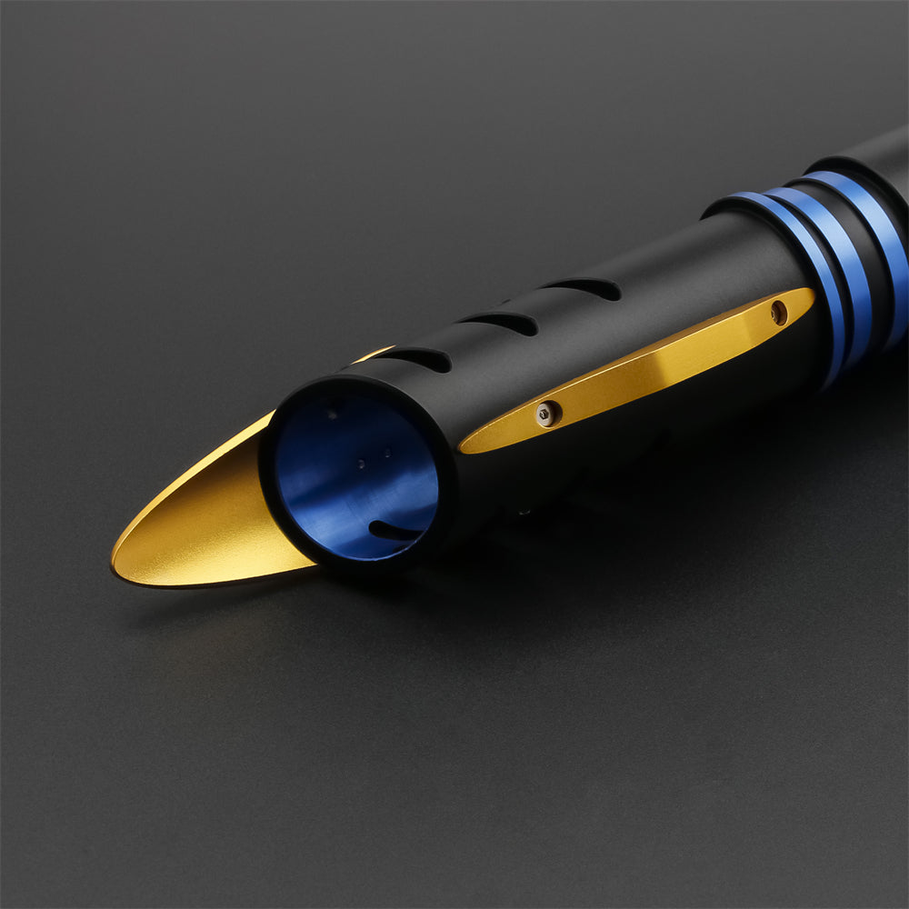 Close-up of a black, gold, and blue pen on a dark gray background - Gift for Dad.