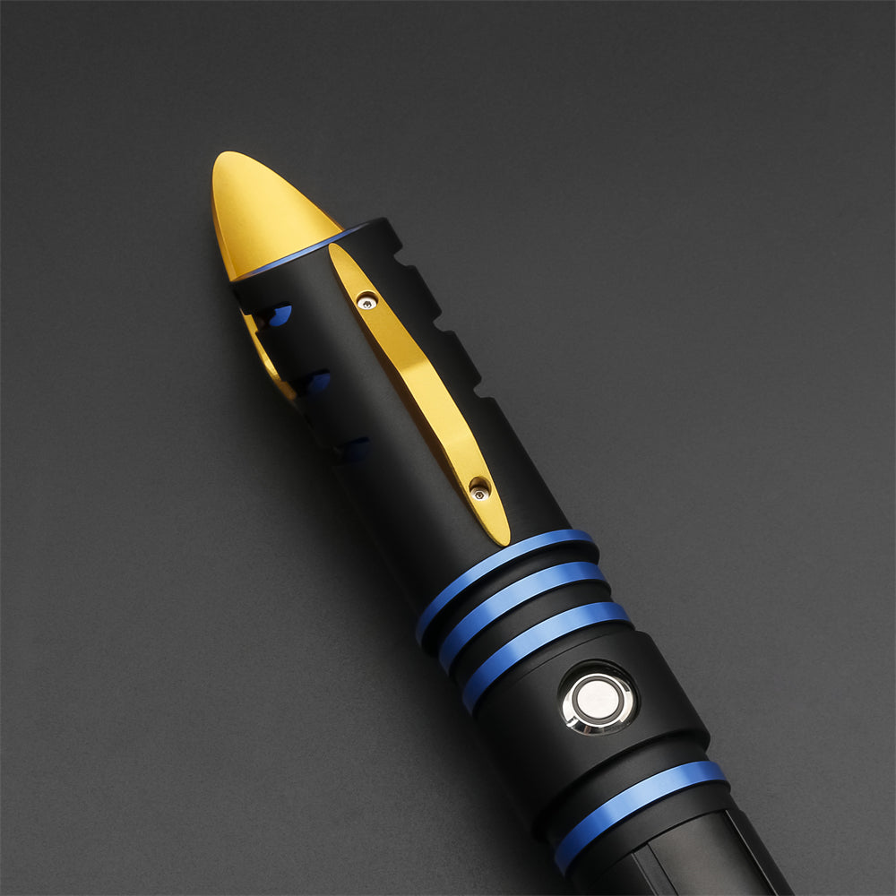 Black and gold pen with blue accents on a gray background- Gift for Dad.