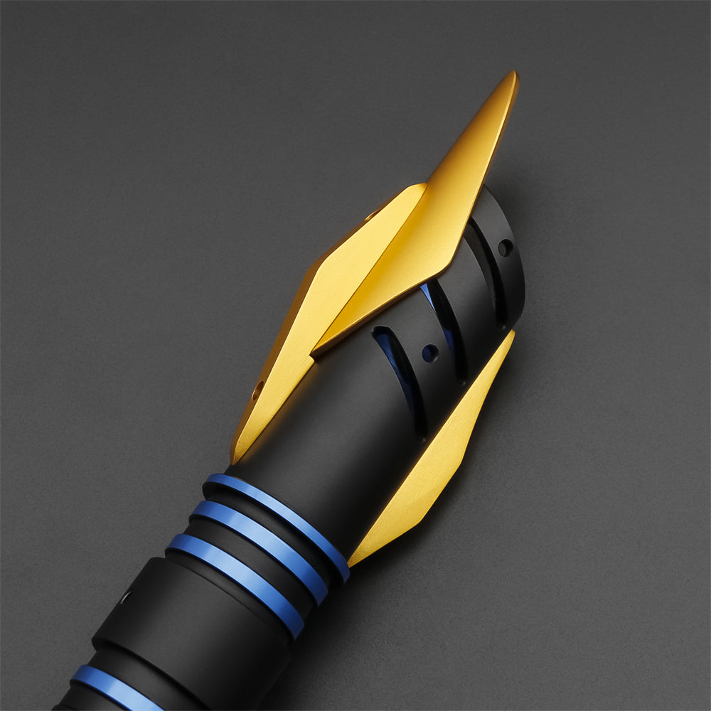 Navy blue lightsaber handle with gold nib on a gray background - Gift for Dad