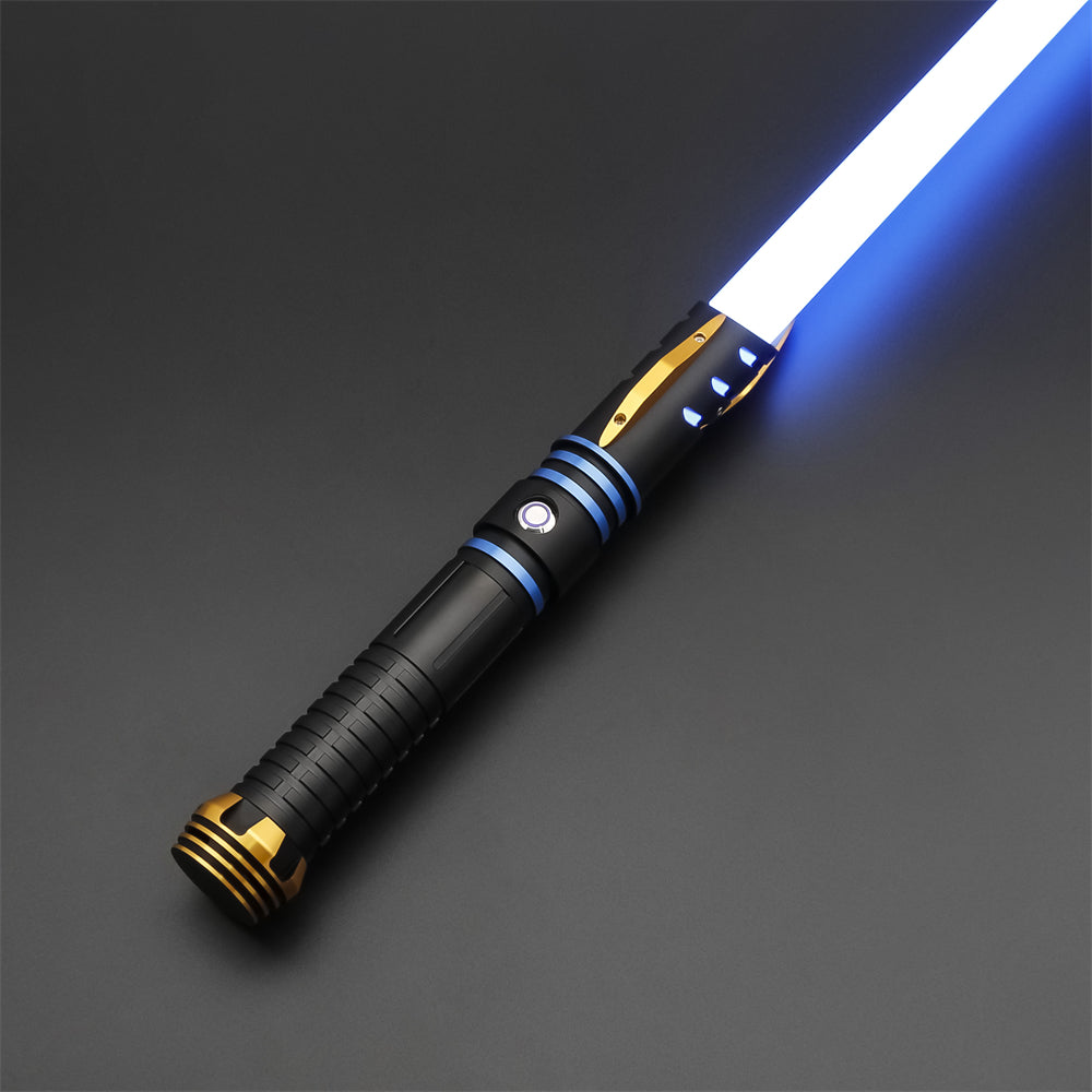 Light saber with blue and white blade on a dark gray background. Gift for Dad.