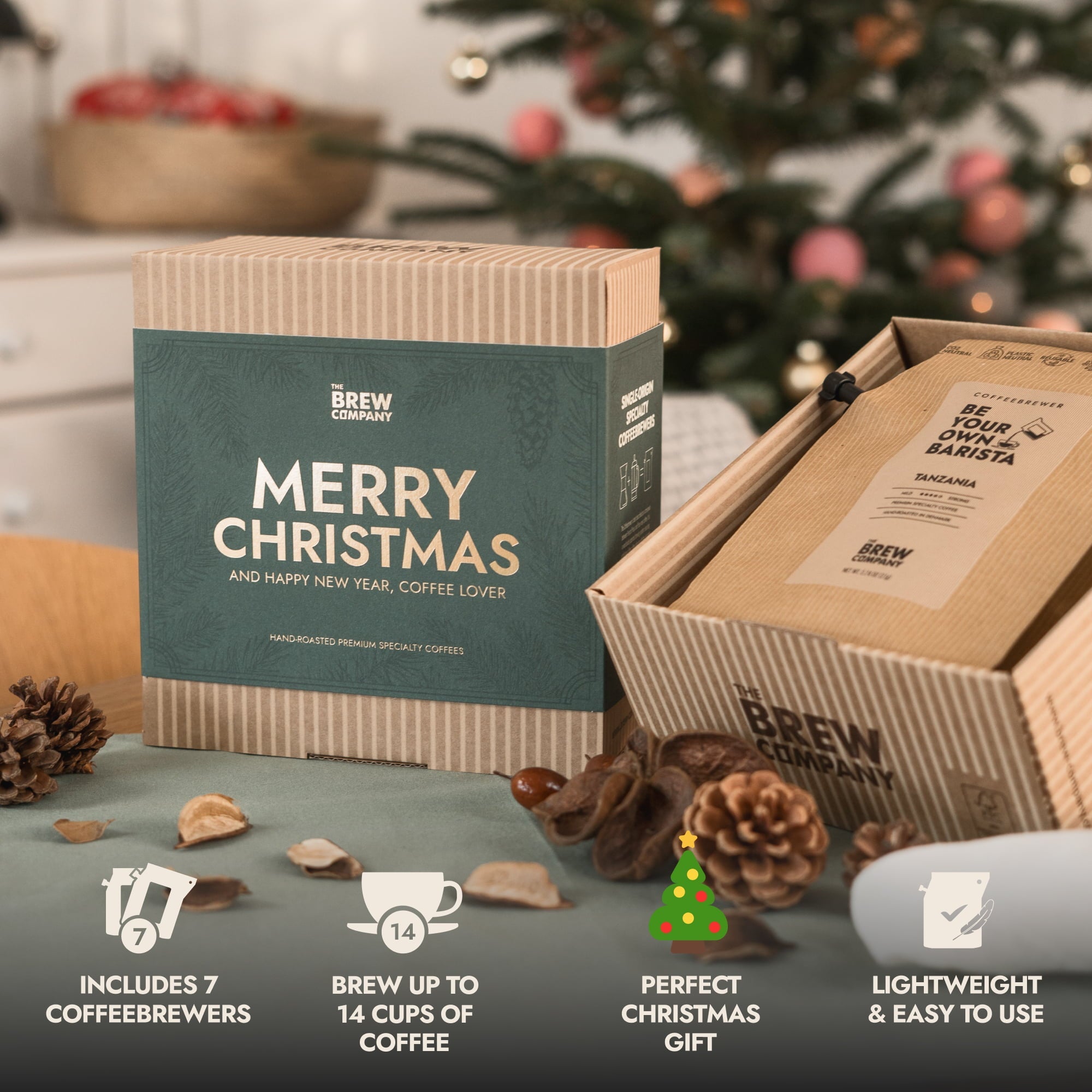 Brew Company coffee gift set with packaging and coffee beans on a festive background. Gifts for dad. Stocking Filler