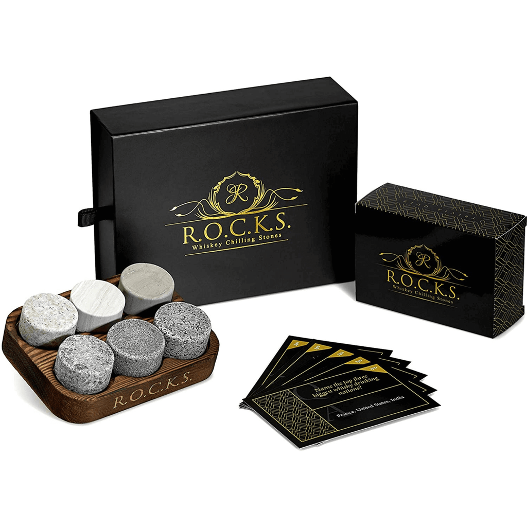 R.O.C.K.S. whiskey chilling stones set with branded box and cards on a white background - Gift forDad