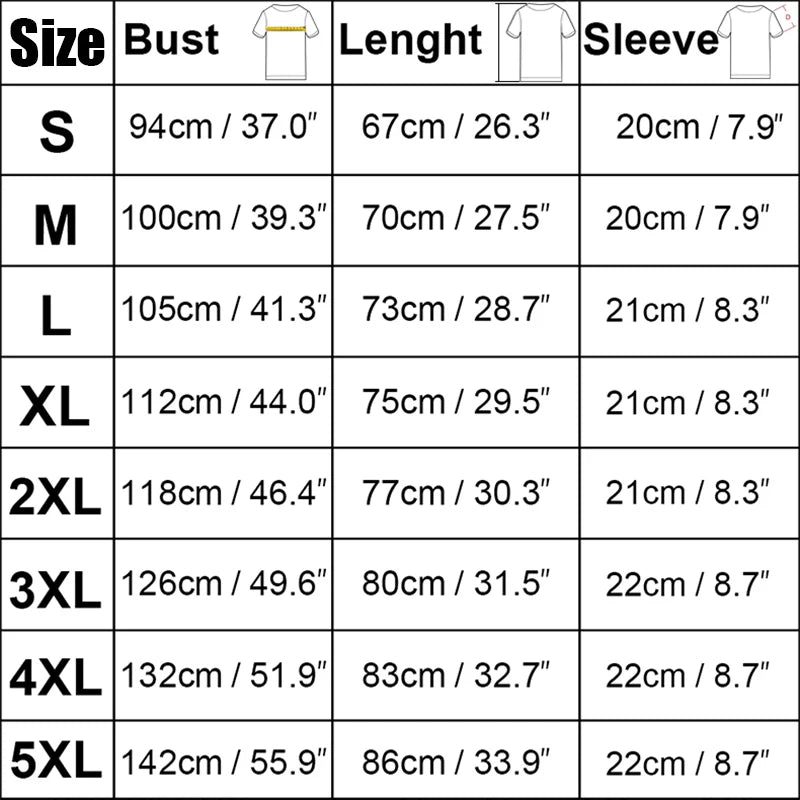 Size Chart Showing Available Tshirt sizes