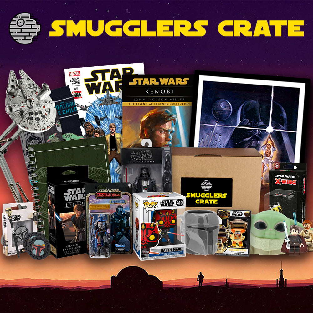 Collection of Star Wars-themed items and a 'Smugglers Crate' box on a dark background with 'Star Wars' branding. Gift for Dad.