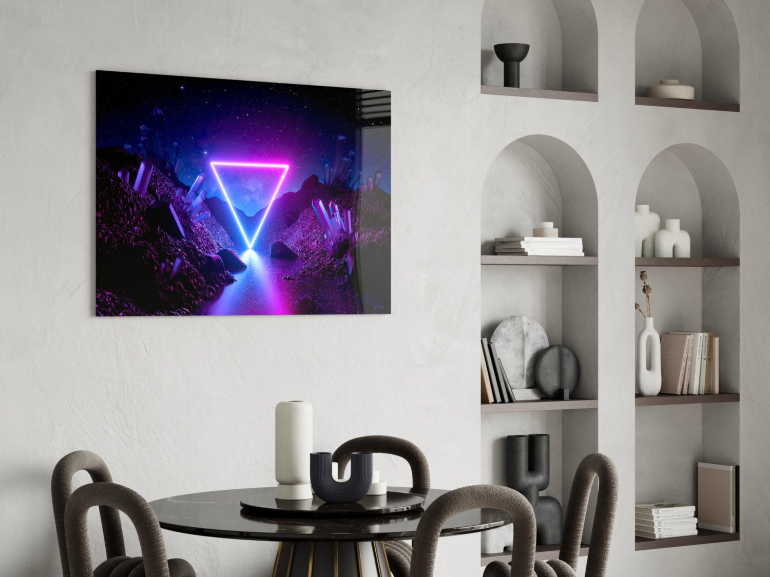 Neon triangle artwork on a wall in a modern interior setting with shelves and a table. gift for dad