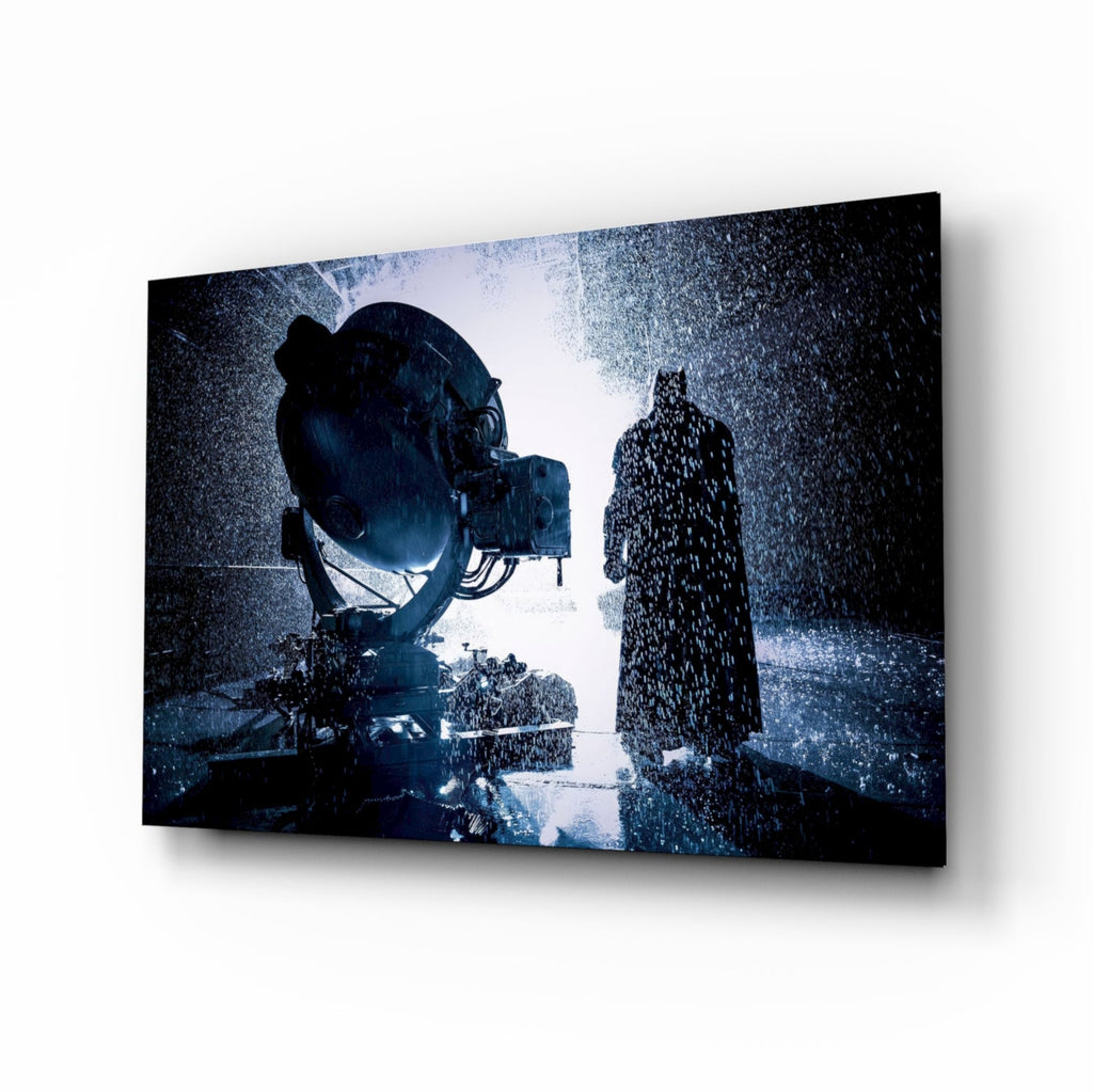 Silhouette of  the Batman standing next to a large telescope in a snowy landscape gift for dad 