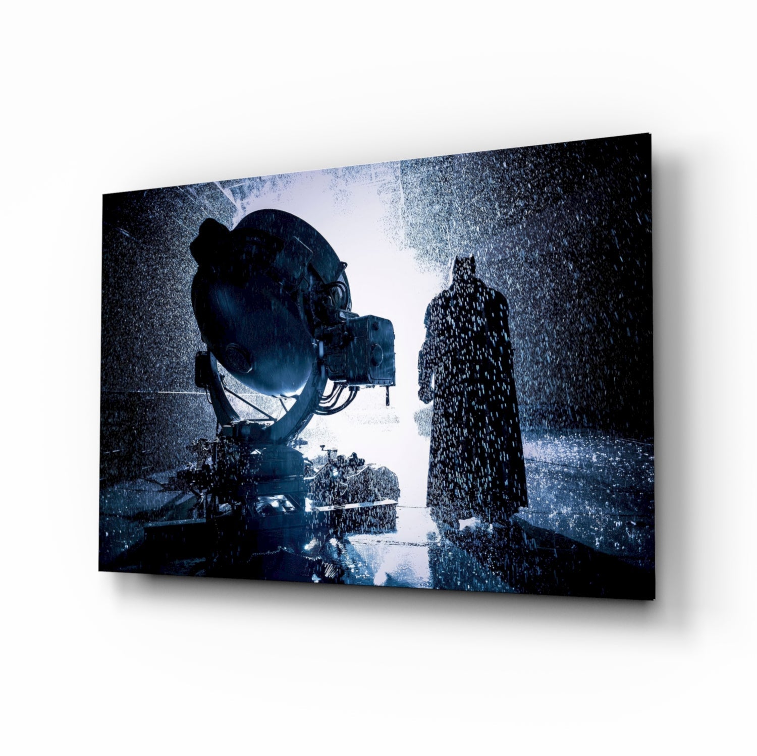 Silhouette of  the Batman standing next to a large telescope in a snowy landscape gift for dad 