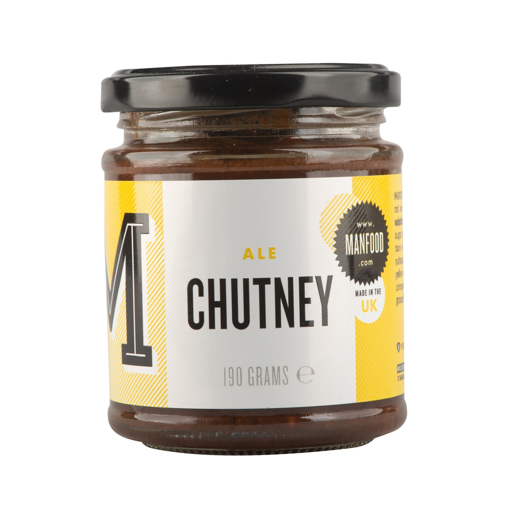 Jar of Manfood Ale Chutney on a white background. Gifts for dad. Stocking Filler