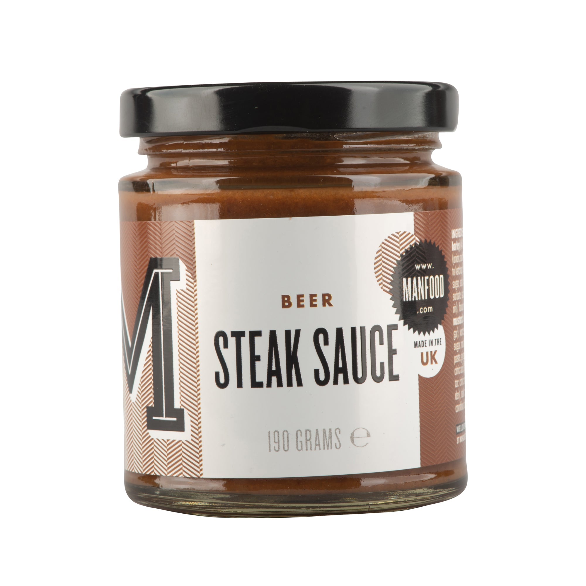 Jar of Manfood beer steak sauce on a white background. Gifts for dad. Stocking Filler