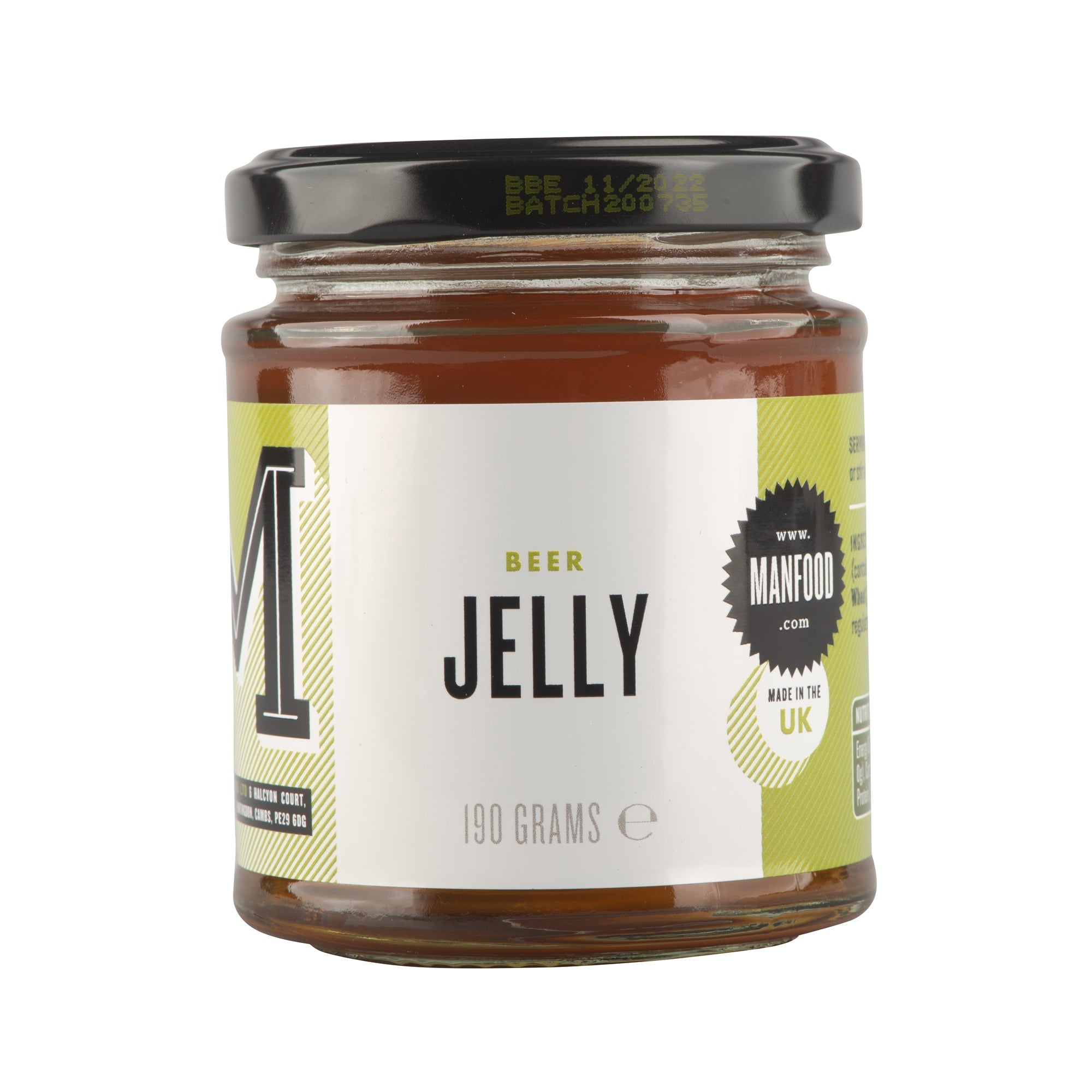Jar of Manfood beer jelly on a white background. Gifts for dad. Stocking Filler