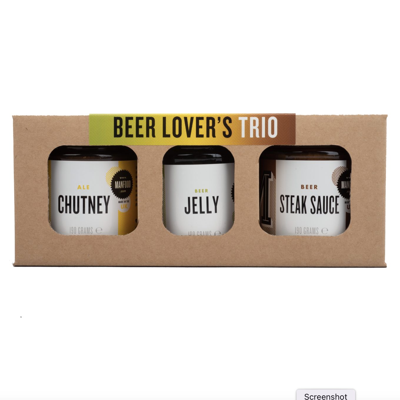 Three small containers of beer-themed condiments in a cardboard packaging labeled 'Beer Lover's Trio'. Gifts for dad. Stocking Filler