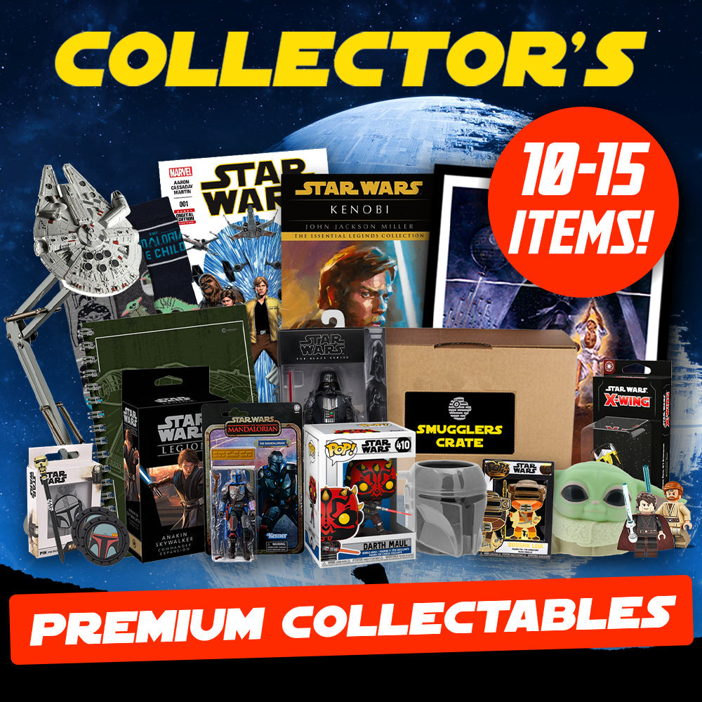 Collection of Star Wars collectibles with 'Snugglers Crate' branding against a space-themed background. Gift for Dad.