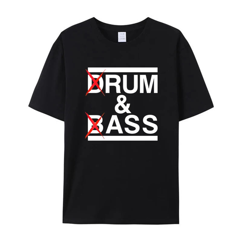 drum and bass black t shirt with white writing on white background. Gifts for dad. present ideas.