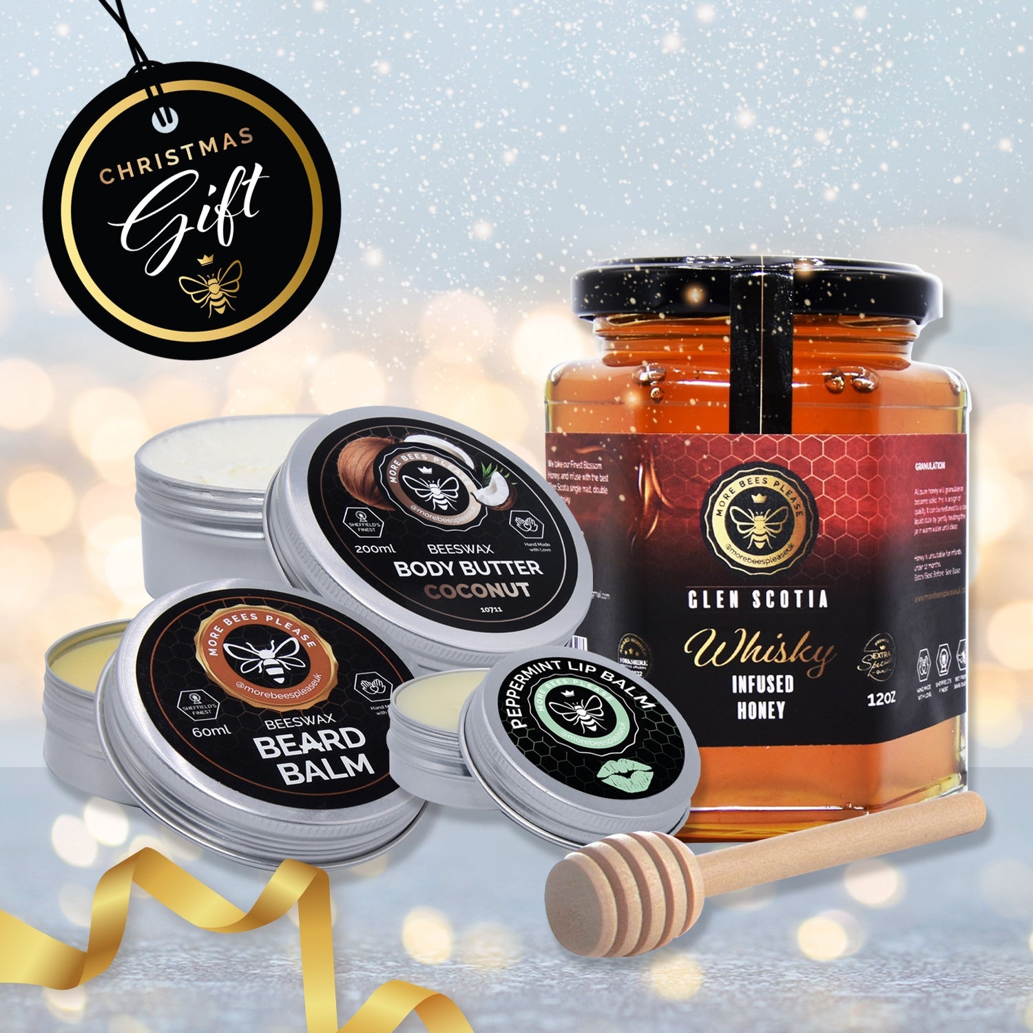 Glen Scotia whisky-infused honey jar with body butter, lip balm, and beard balm on a festive background. gift for dad