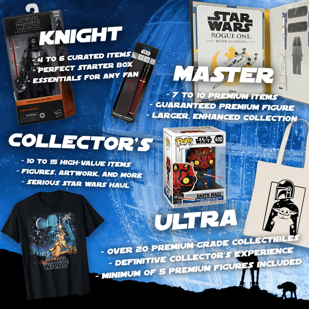 Star Wars collectibles with packaging and promotional text on a bluebackground