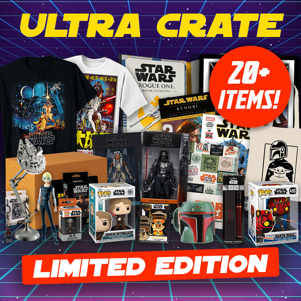Collection of Star Wars merchandise including t-shirts, action figures, and collectibles with 'Ultra Crate' branding. Gift for Dad.